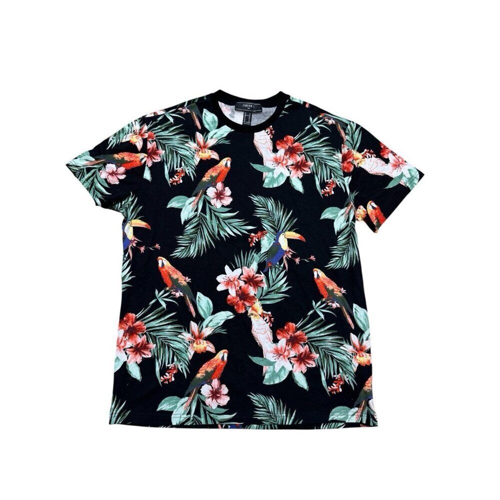 Forever 21 Men Tropical Parrot Floral T Shirt Black Cotton Size M